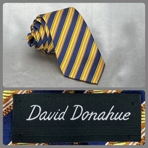David Donahue Gold/Navy Striped Silk Repp Tie Woven Italy Handmade USA Classic